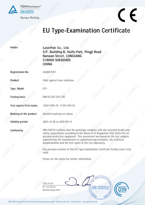EU Type-Examination Certificate for Top Shelf Laser Tattoo Removal Safety Glasses With Od5 Brown Lenses, valid until 2030.