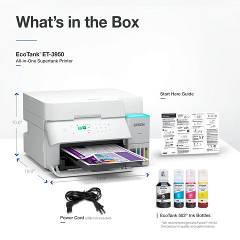 Wireless All-In-One Color Supertank Printer With Refillable Ink Tanks Up To 3 Years Of Ink For Home Office Use, ET-3950 with accessories