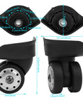 A88 Multi Hole Wheel Replacement Set For Small Black Trolley Suitcases, universal caster wheels, PP and PET material, side view.