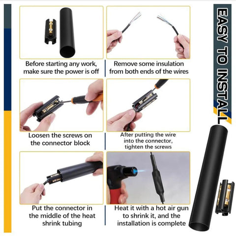 Heavy Duty Underground Wire Splice Kit Bundle Featuring Two Pieces Heat Shrink Tubing And Two Solid Connectors For Direct Burial Outdoor Wiring And Waterproof Sealing To Keep Your Connections Fresh And Secure. installation steps with heat shrink tube and connector