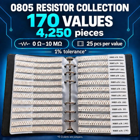 Badass 7350 Piece 0805 SMD Resistor Capacitor Assortment Kit Featuring 170 Precision Values shows resistors organized in a binder.