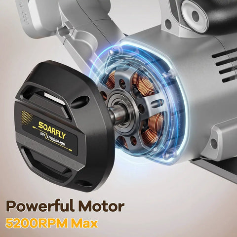Powerful motor of Six And A Half Inch Cordless Circular Saw delivers 5200RPM for efficient cutting in woodworking.
