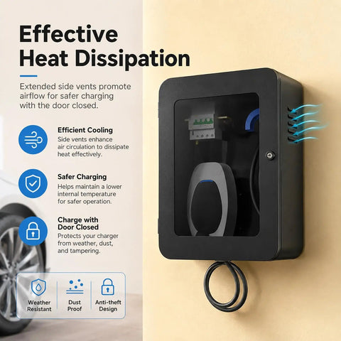 Built Damn Tough Lockable EV Charger Enclosure For Outdoor Use displaying vents and a glass view, mounted on a wall.
