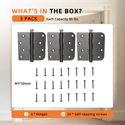 Tough As Nails Heavy Duty Black Door Hinges With Removable Pin And Zero Friction Ball Bearing Design Workhorse Hardware For Exterior Swing Doors Left Or Right Setup 4X4, 3-pack with 24 screws.