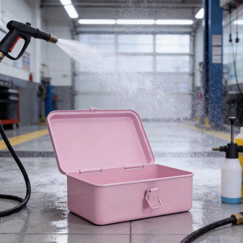 Badass Pink Metal Toolbox With Reliable Locking Latch Built Tough For Your Sweet Ride And Garage Grinds To Keep Every Wrench And Drill Perfectly Locked And Ready, open with water spray in garage.