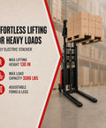 Heavy Duty Semi Electric Pallet Stacker High Lift Pallet Jack Boasts 3500 Lbs Capacity And 95 Inch Reach for easy large load lifting in warehouses.