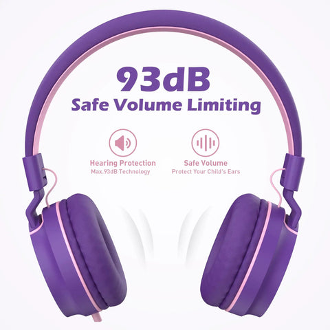 On Ear Kids Headphones With Microphone, Wired, 93dB Volume Limited, Foldable Lightweight Headphones For School Learning And Entertainment, Pink Purple displayed with safe volume limiting text.