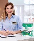 Smiling woman with 70 Percent Isopropyl Alcohol Wipes Individually Wrapped Sachets For Electronics And Tech Gear Dispensing Box 100 Count Pack