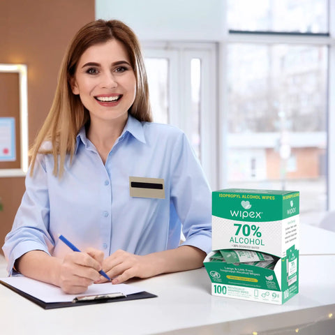 Smiling woman with 70 Percent Isopropyl Alcohol Wipes Individually Wrapped Sachets For Electronics And Tech Gear Dispensing Box 100 Count Pack