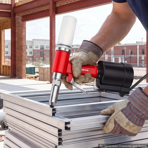 Heavy Duty Pneumatic Rivet Gun Kit With Five Jaw Sets For Quick Fastening Hella Durable Air Riveter in use on aluminum sheets.