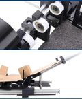 Close-up of Slick Adjustable Shipping Box Folding Jig For Fast Ecommerce Packing showing aluminum frame, rollers and folding mechanism.