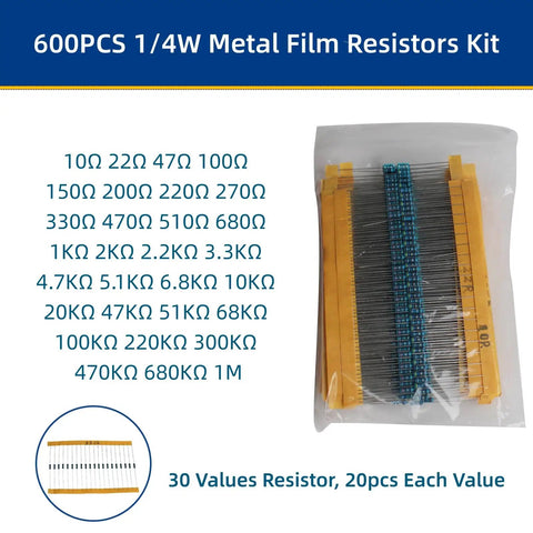Top Shelf 1490 Piece Electronic Component Assortment Box Packed With Colorful Leds Transistors Resistors And Capacitors Killer Gear Bag For Serious Makers containing 600 metal film resistors in plastic packaging.