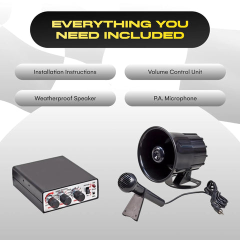 Plug And Play 12 Volt Heavy Duty Electronic Truck Horn And Mobile PA System Featuring Sixty Nine Badass Animal Sounds Quick Trigger Sirens And Crank Tunes For Street Ready Attention Drawing Power kit including mic, volume control, and weatherproof speaker.