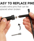 Hands demonstrating Chain Breaker Splitter Tool For Roller Chains, DIY Friendly Chain Cutter And Detacher For Motorcycle Go Kart Mini Bike Dirt Bike 428 520 525 530 And Extensions Included with interchangeable pins.