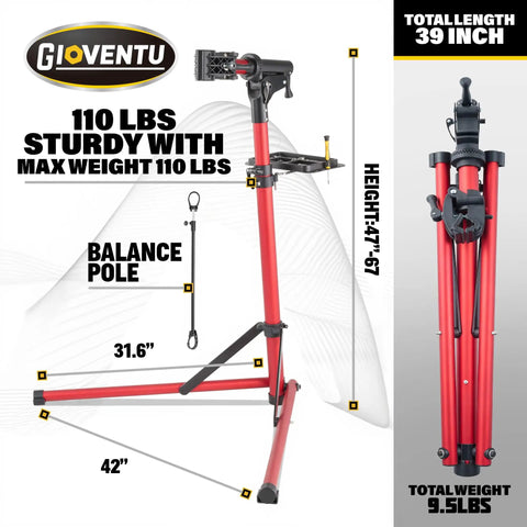 Heavy Duty Folding Bike Repair Stand With Adjustable Height And 360 Degree Clamp in red aluminum, folded and unfolded view