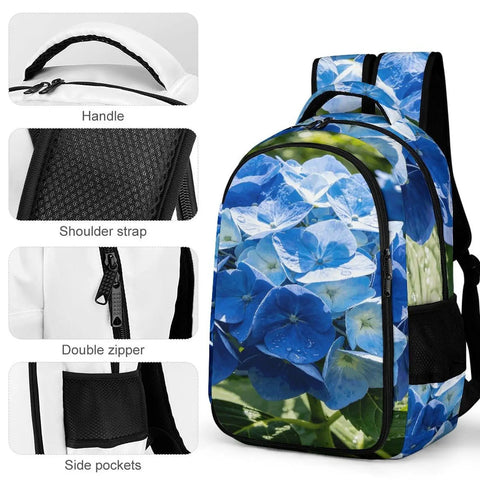 Spacious Unisex Backpack With Blue Hydrangea Print For Summer Garden Vibe, showing details of handle, strap, zipper, and pockets