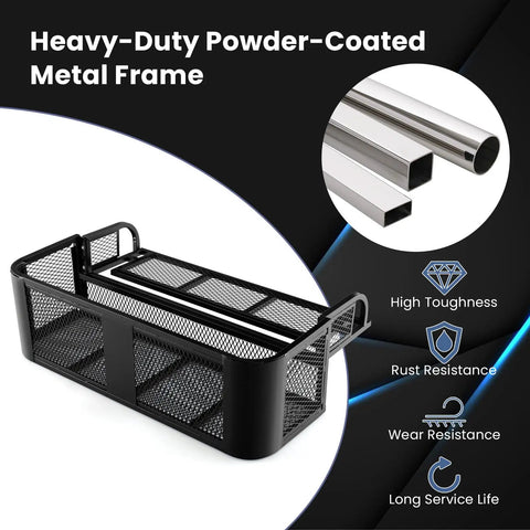 Heavy Duty Rear Cargo Basket For ATV And UTV Detachable Steel Mesh Drop Rack Black Powder Coated Rust Resistant showing durable metal frame.