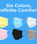 Six colorful face masks featuring adjustable earloops and breathable protection.