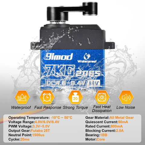 Image of 7Kg Beefed Up High Torque Digital Micro RC Servo For Crawlers 8.4V HV Waterproof Sub Micro Steering Servo showcasing waterproof design and specs.