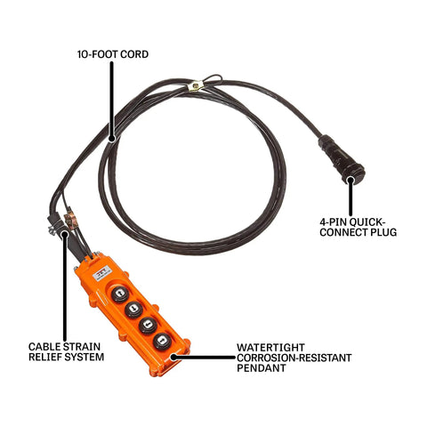 Built Tough 24 Volt Four Button Control Pendant With Ten Foot Heavy Duty Cord For Electric Hoist And Trolley featuring watertight design.