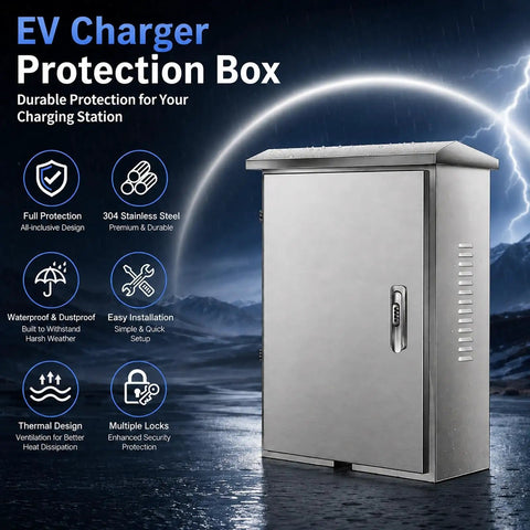 Lockable EV Charger Box Featuring 304 Stainless Steel For All Weather Outdoor Protection And Secure Electric Vehicle Charging With A Knockout Brushed Finish Built Tough For Home Or Office Setups - angled view with detailed design.