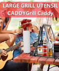 Outdoor Grill Utensil Caddy With Three Hooks Portable Organizer for Plates, Cutlery, Spices, Napkins at a patio gathering.
