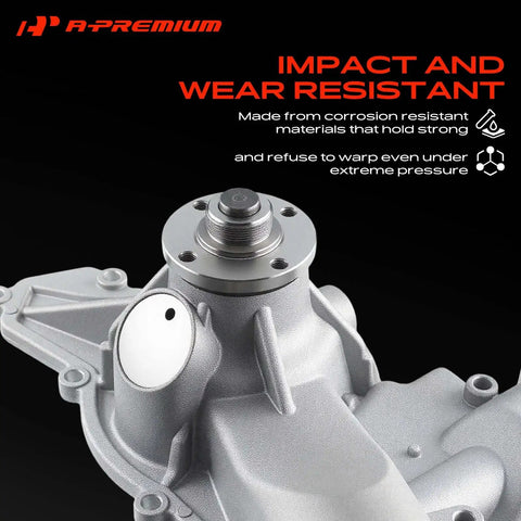 Top Shelf Engine Cooling Water Pump With Curved Pipe And Complete Bolt And O Ring Kit Compatible With Ford Workhorse Vans and Super Duty Trucks Built For The Legendary Seven Point Three Turbo Diesel close-up of aluminum body water pump assembly