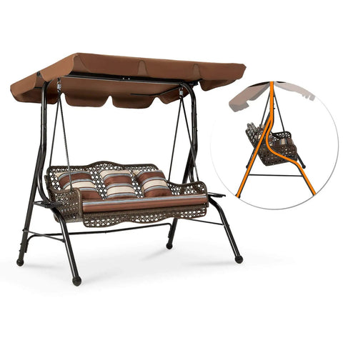 Three Seat Outdoor Patio Swing Chair With Large Convertible Canopy Porch Glider Hammock Lounge Chair For Porch Rattan Wicker Steel Frame Cushions And Pillows Brown