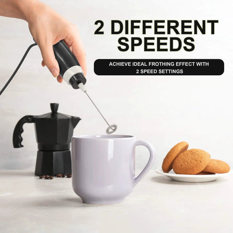 Corded Electric Milk Frother With Plug In Handheld Whisk for frothing coffee foam with moka pot and cookies nearby
