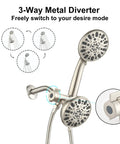 3-way metal diverter on brushed nickel shower faucet set with valve and 48 settings, dual 2-in-1 high pressure rain and handheld heads