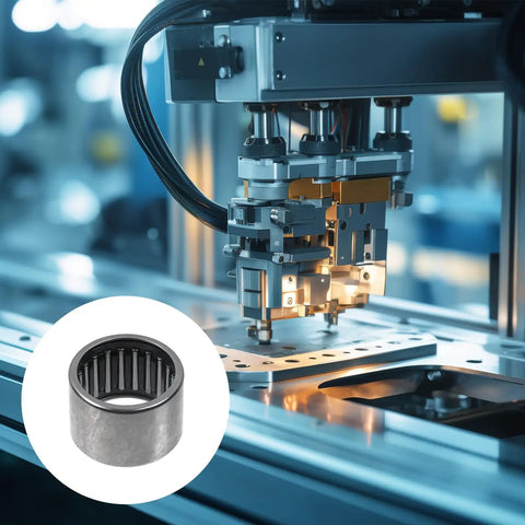 Industrial machine with inset showing 10 Pcs Full Complement Drawn Cup Needle Roller Bearing Set 22mm ID 28mm OD 20mm Height Pre Greased