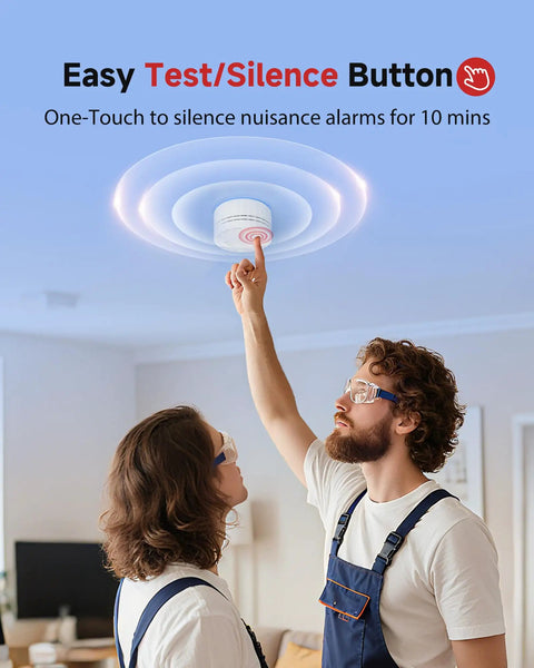 Person using the test/silence button on a Top Shelf Battery Powered Photoelectric Smoke Detector And Home Alarm.