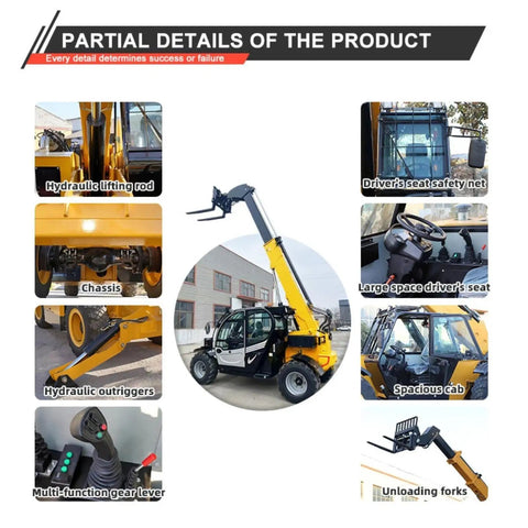 Heavy Duty Hydraulic Telehandler Telescopic Forklift Loader With Four Wheel Drive, showing hydraulic lifting rod and chassis details.