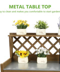 Outdoor Fir Wood Potting Bench With Metal Table Top Drawer Large Bottom Shelf And Open Shelf Garden Work Station with plants
