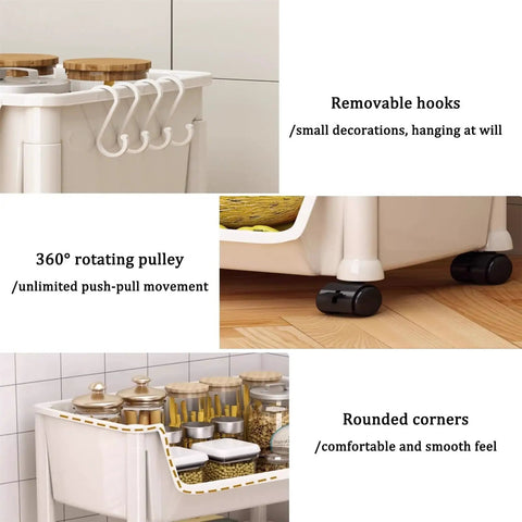 Rolling Storage Cart With Sweet Smooth Rollers And Three Layer Utility Shelf Rack For Cluttered Closets and Take It Anyway You Want And Mobile Organizer For Bathroom Kitchen Bedroom Laundry with hooks, rotating pulley, and rounded corners.
