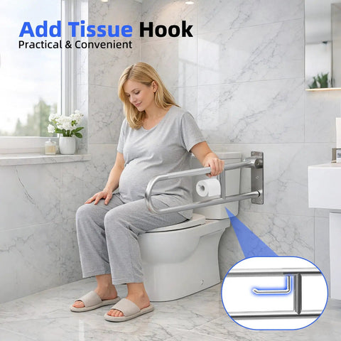 Built Tough 304 Stainless Steel Bathroom Grab Bar With Heavy Duty 510 Lb Capacity Fold Up Anti Slip Toilet Safety Rail And Rustproof Wall Mount Support For Seniors, featuring tissue hook.