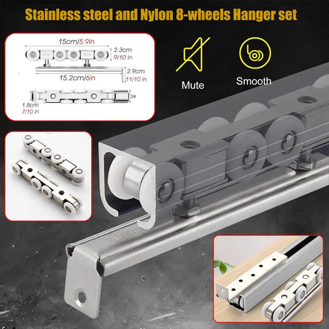 Top Shelf Bifold Sliding Barn Door Hardware Kit With Heavy Duty Soft Close Track System tailored for 30 to 50mm indoor panels, stainless steel and nylon 8-wheels hanger set.