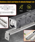 Bifold Sliding Barn Door Hardware Kit With 28.5ft Soft Close Track, showing stainless steel and nylon 8-wheel hanger set.