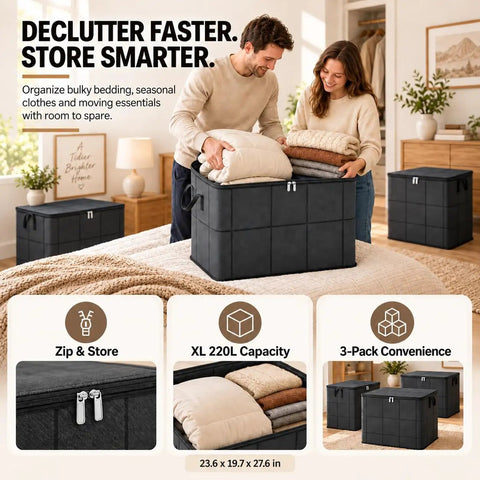 Heavy Duty Moving Storage Bins That Make Dealing With Clutter A Snap Featuring Sturdy Handles Secure Zipper And Quick Fold Layout For Bulky Coats And All Your Seasonal Stash in use with large blankets.
