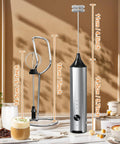 Rechargeable Handheld Milk Frother With Stainless Steel Stand Three Speeds Electric Milk Whisk For Latte And Cappuccino Cordless Coffee Mixer With Type C Charging Easy One Touch Frothing For Barista Quality Drinks, dimensions labeled