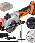 Compact Cordless Mini Circular Saw 20V Battery Powered With Blazing 3400 RPM Motor, laser guide, and wood/metal blades.