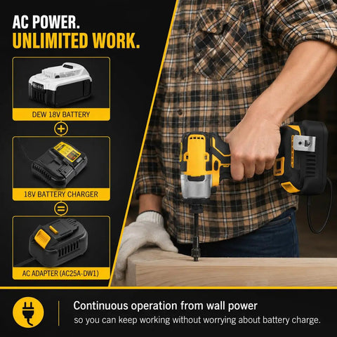 Heavy Duty AC To DC Power Converter For DeWalt 18V And 20V Cordless Tools 500W Transformer Adapter in use with drill.