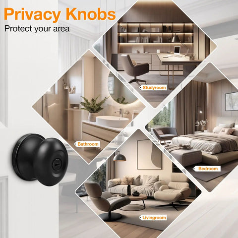 Slick Egg Style Privacy Knobs Keyless Interior Door Handles Matte Black Stainless Steel Finish on a door, suitable for bedrooms and bathrooms.