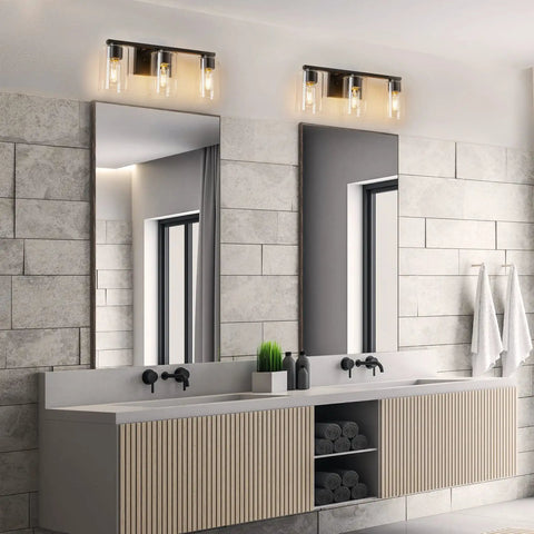 Bathroom with Four Light Matte Black Bathroom Vanity Light With Glass Shades Over Mirror Wall Sconces For Farmhouse Style