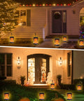 Two Pack Solar Lanterns With Realistic Dancing Flame 99 LED Outdoor Lights For Garden Patio Yard Deck IP65 Waterproof Warm Ambience For Halloween Parties Porch Decor, illuminating pathways at night with warm glow