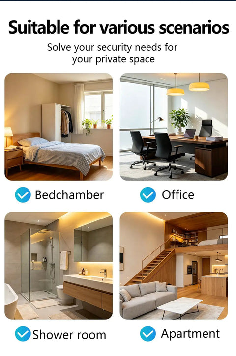 Heavy Duty Mechanical Deadbolt Lock With Weatherproof Keypad Chrome Finish Battery Free Entry Setup For Doors shown in bedchamber, office, shower room, and apartment.