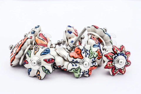 Set Of Ten Totally Rad Vintage Ceramic Drawer Pulls And Cupboard Cabinet Door Knobs Featuring Super Sleek Multicolor Designs Plus Rock Solid Chrome Hardware, showing colorful floral designs and chrome mounts.