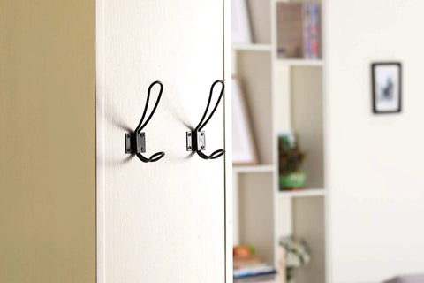Rustic Entryway Hooks 10 Pack Black Wall Mounted Vintage Double Coat Hangers With Large Screws Included Perfect For Coats Hats Keys Bags And More Space Saving Home Organization shown mounted on wall