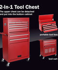 Rock Solid Heavy Duty Steel Tool Chest With 8 Deep Drawers And Rollin Locking Wheels Detachable Top Liner Side Hooks Hella Sturdy Garage Storage Cart In Red, showing detachable upper and lower storage.