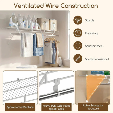 Built Tough Wall Mounted Closet Shelves Featuring Ventilated Heavy Duty Metal Wire Organizers With Sturdy Adjustable Hanging Rods for laundry area storage and organization.